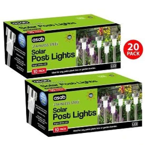 2x BOX of 10 White Solar Powered Stainless Steel Post Lights Garden Free Postage