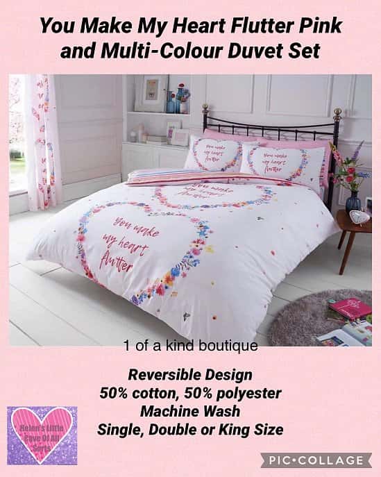 You Make My Heart Flutter Pink and Multi-Colour Duvet Set Free Postage