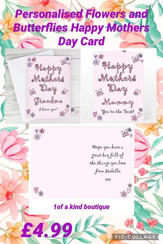 Personalised Flowers and Butterflies Happy Mothers Day Card Free Postage