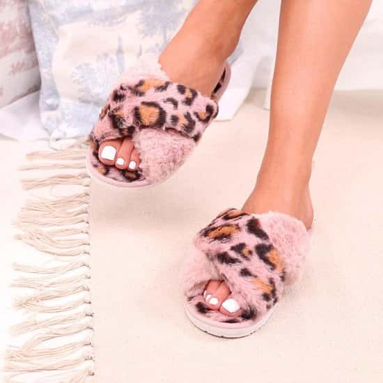 Pink Leopard Print Fluffy Crossover Slippers