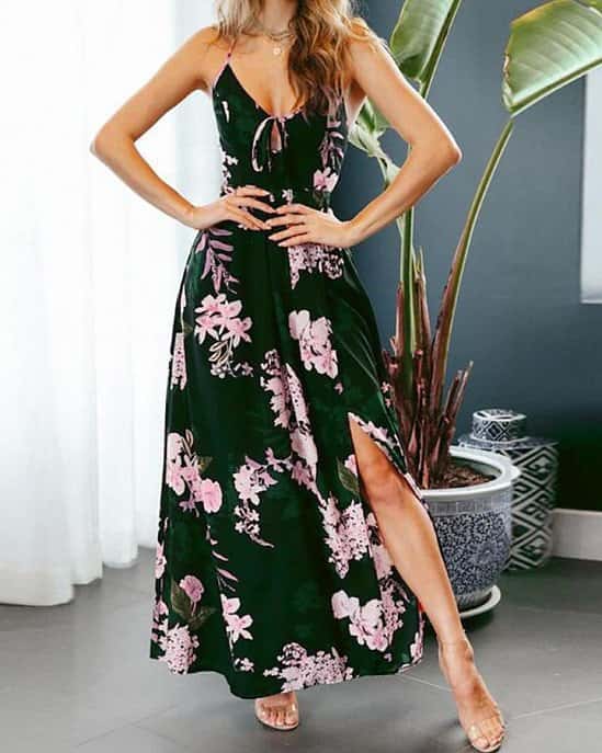 Lace-up Floral Print Backless Halter Sleeveless Slit Maxi Dress Free Postage