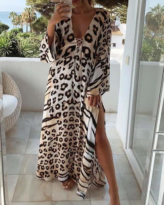 Cheetah Print Lace-up High Slit Maxi Dress Free Postage
