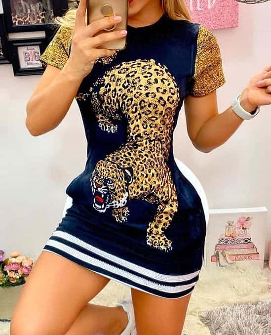 Tiger Print Short Sleeve Casual Dress
