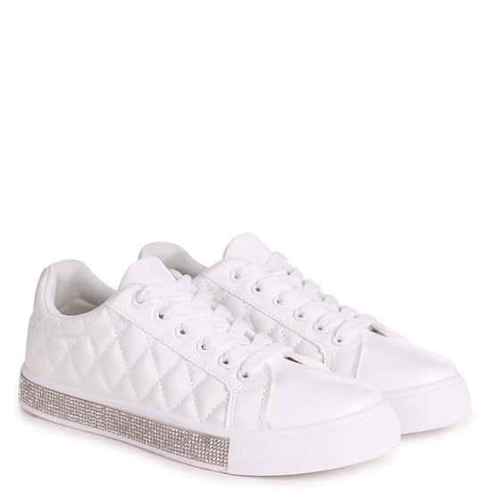 White Nappa Quilted Trainer With Diamante Trim Ladies Free Postage