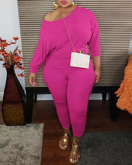 Plus Size Long Sleeve Casual Top & Pants Set-Hot Pink
