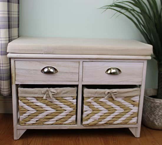 White Wooden Storage Bench With 2 Drawers & 2 Baskets Free Postage