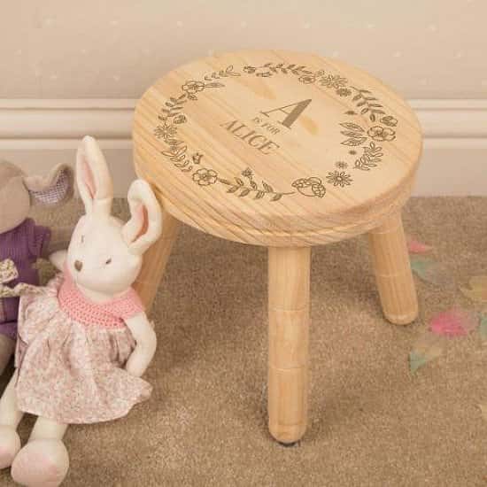 Personalised Engraved Girl Alphabet Wooden Stool. Free Postage