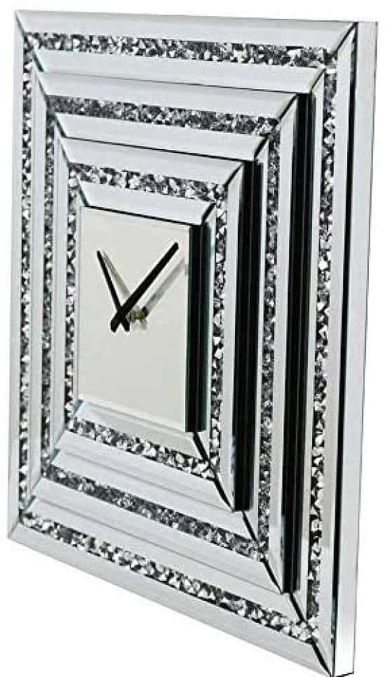 Large Mirrored Glass Silver Crushed Diamond Crystal Wall Clock 50cm x 50cm Free Postage