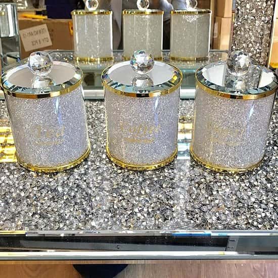 Crushed Diamond Tea Coffee Sugar CANISTERS Gold Crystal Free Postage