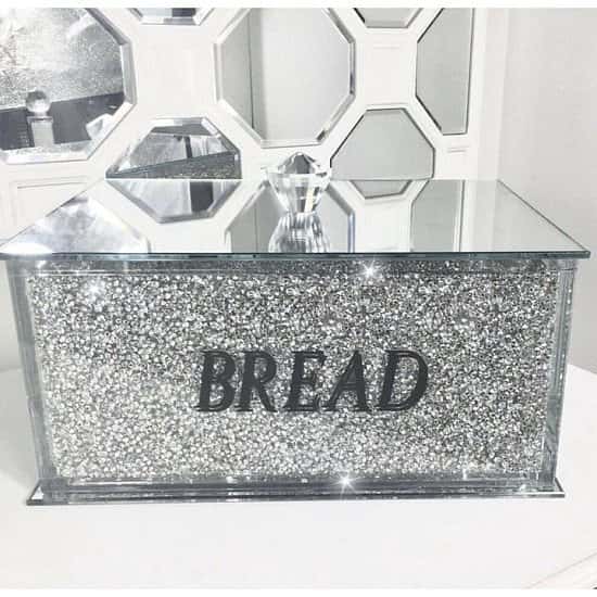 Silver Crushed Diamond Crystal Mirrored Bread Bin Free Postage