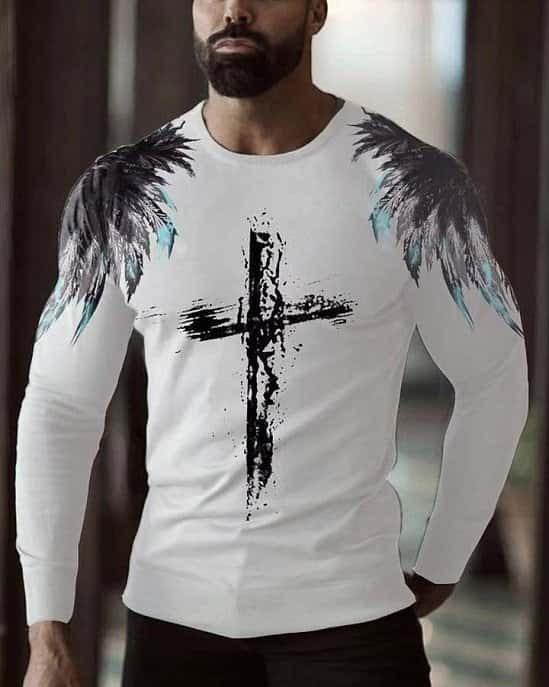 Cross Print Long Sleeve T-shirt-White Men’s free Postage