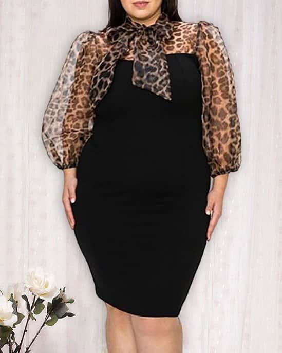 Plus Size Leopard Print Patchwork Bodycon Dress