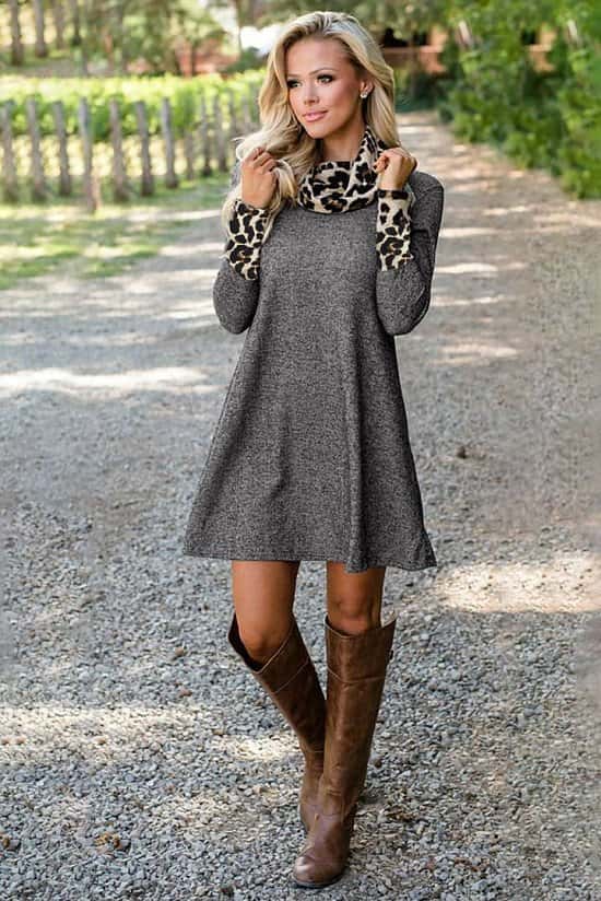 Charcoal Leopard Cowl Scarf and Cuff Cotton Mini Dress Ladies Free Postage