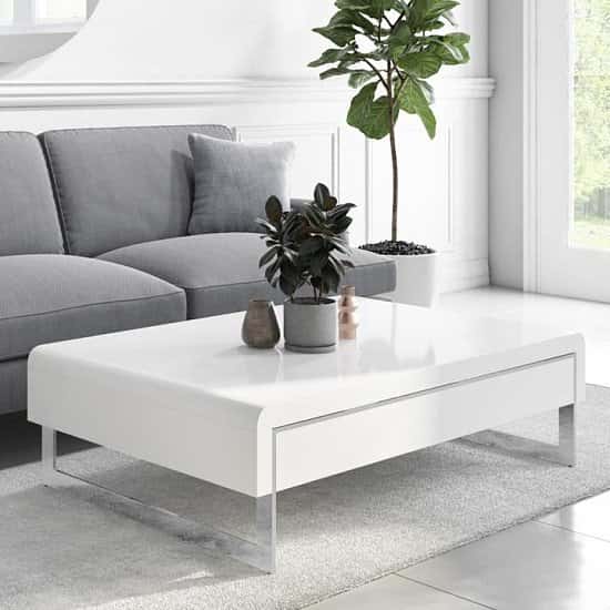 White Gloss Curved Coffee Table with Drawer - Tiffany Free Postage