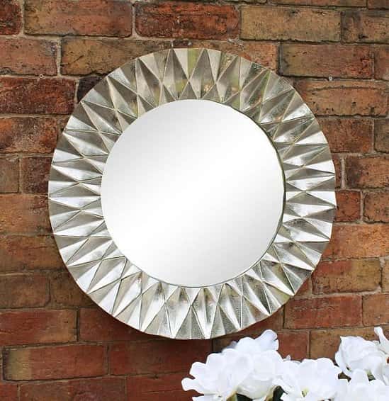Silver Metal Circular Mirror With Geometric Design 60cm Free Postage