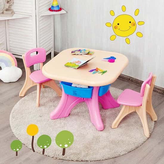 Kid's Table and Chairs Set Children Activity Art Table with Storage Bins Pink Free Postage