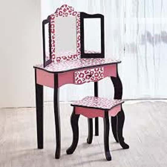 Kids Vanity Set Wooden Dressing Table With Mirror & Stool Pink