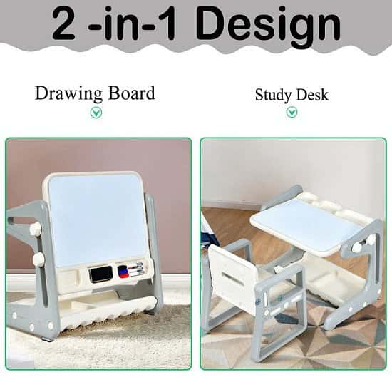 Kids Table and Chair Set Art Easel Study Desk Magnetic Grey Free Postage