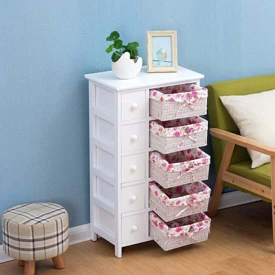 Furniture White 5-Layer Cabinet Drawer Chest with Floral Wicker Baskets Free Postage