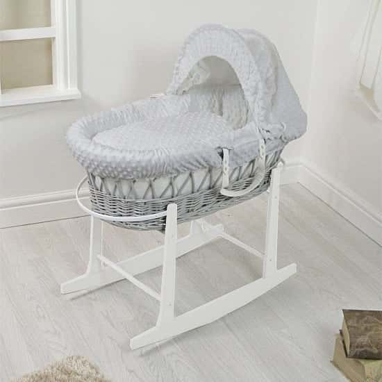 Padded Grey Wicker Moses Basket & Rocking Stand - Grey Dimple