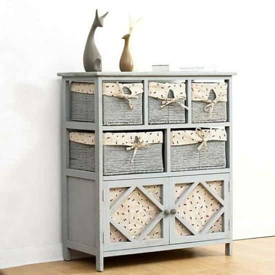 Furniture Grey Paulownia Solid Wood Sideboard Drawer Chest with Wicker Baskets
