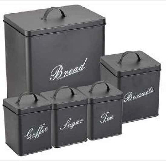 5pc Kitchen Storage Tin Canister Set Coffee/Tea/Sugar/Biscuits/Bread Black