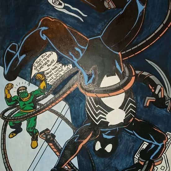 Black spider man and doctor octopus during thid pandemic acrylic painting