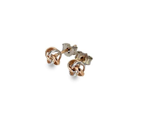 9ct rose & white gold, 3D knot stud earrings from Callibeau Jewellery only £55