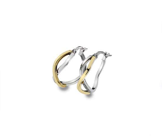 9ct yellow & white gold 15mm crossover hoop earrings from Callibeau Jewellery