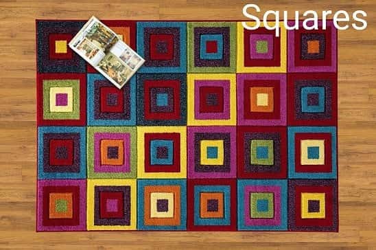 Multi Colour Floor Area Rug Runner Stain Resistant - Squares Bright *SAVE 10%*