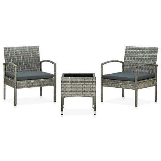 3 PIECE BISTRO SET WITH CUSHIONS POLY RATTAN GREY