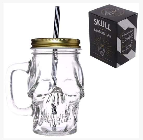 SET OF 4 - FUN SKULL SHAPED GLASS DRINKING JARS WITH STRAW