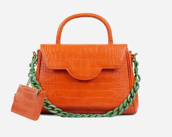 SAVE - Rosa Green Chain And Purse Detail Tote Bag In Orange Croc Print Faux Leather