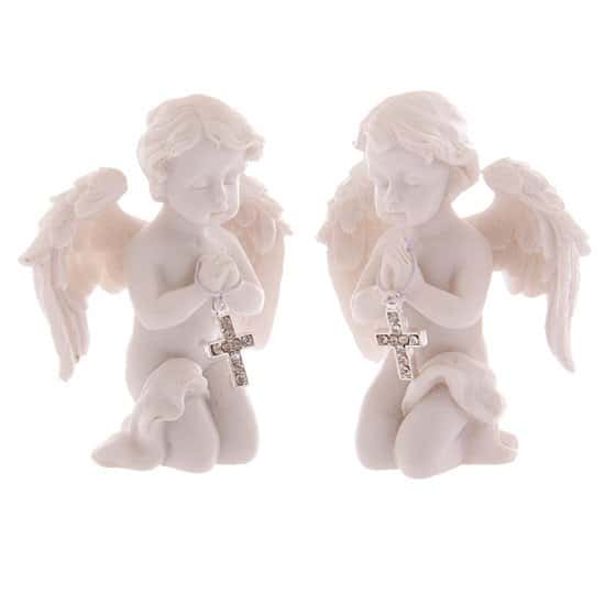 Cute Praying Cherub Figurine Holding Jewelled Silver Cross