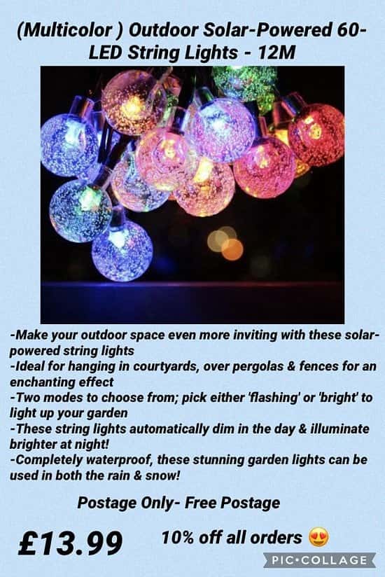 (Multicolor ) Outdoor Solar-Powered 60-LED String Lights - 12M