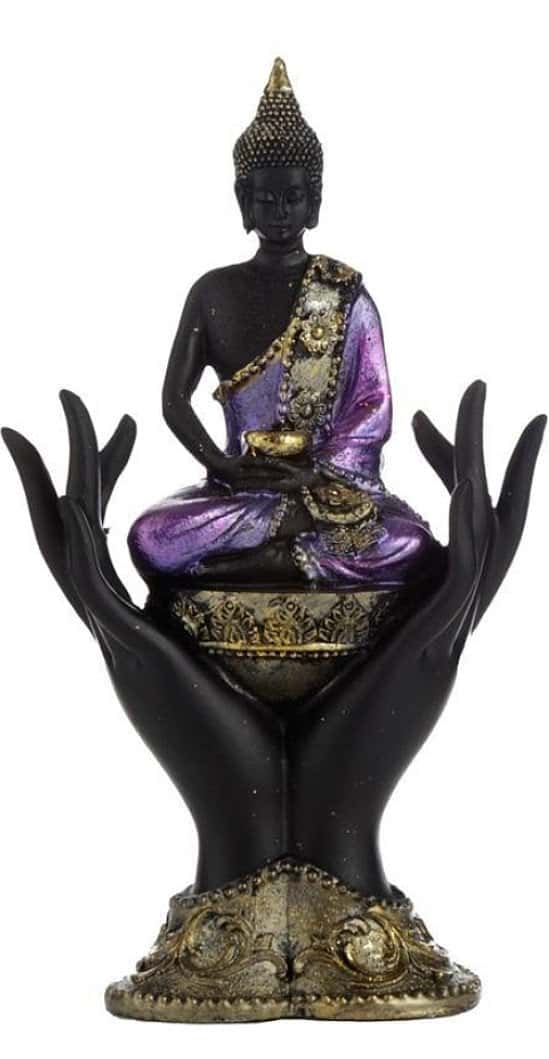 PURPLE, GOLD AND BLACK THAI BUDDHA SITTING IN HANDS