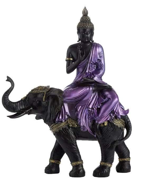 PURPLE, GOLD AND BLACK LARGE THAI BUDDHA RIDING ELEPHANT