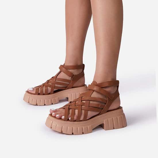 SAVE - Daydreamer Chunky Sole Caged Gladiator Sandal In Tan Brown Faux Leather