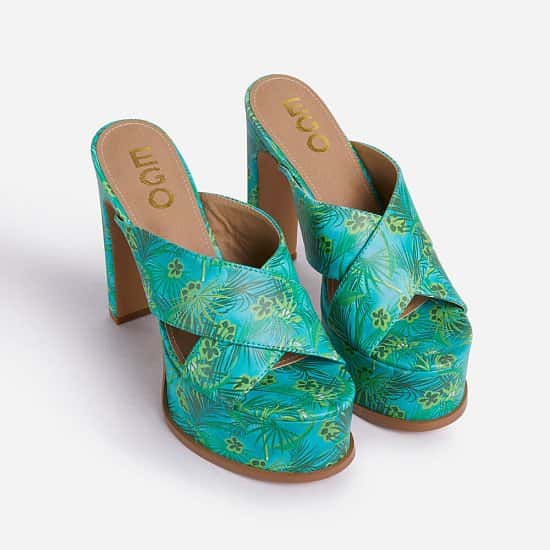 Save 50% Off Evermore Cross Strap Platform Thin Block Heel Mule In Green Leaf Print Faux Leather