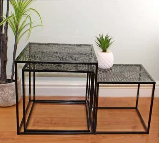 Small Set Of 3 Black Metal, Geometric Design Side Tables