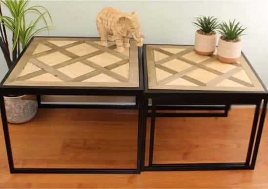 **LAST 3*** Set Of 3 Square Black Metal Side Tables With Wooden Geometric Tops
