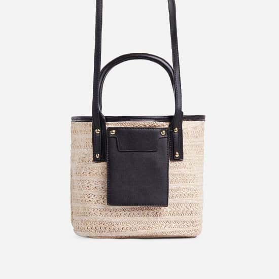 50% Off Maddie Pocket Detail Woven Basket Tote Bag In Black Faux Leather