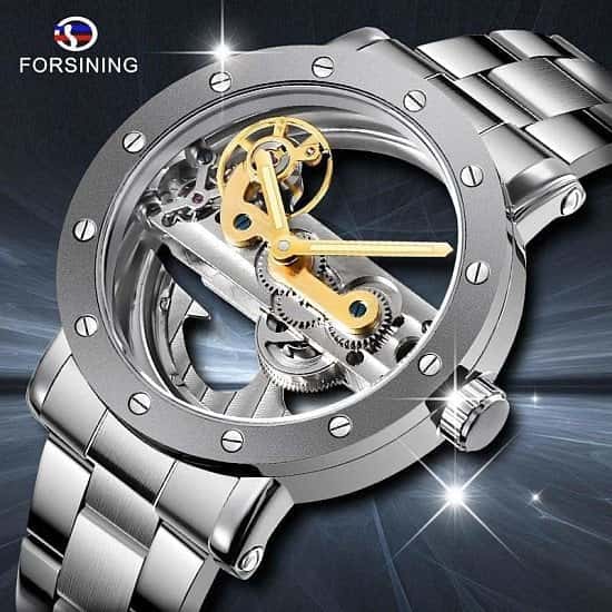 Men Skeleton Automatic Mechanical Watches Forsining Men Double Side Transparent Stainless Steel