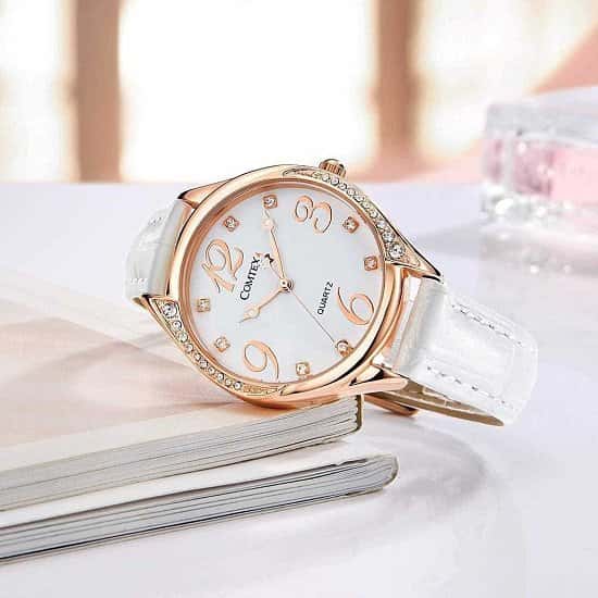 Ladies Watches White Face Leather Rose Gold Tone White Leather Fashion