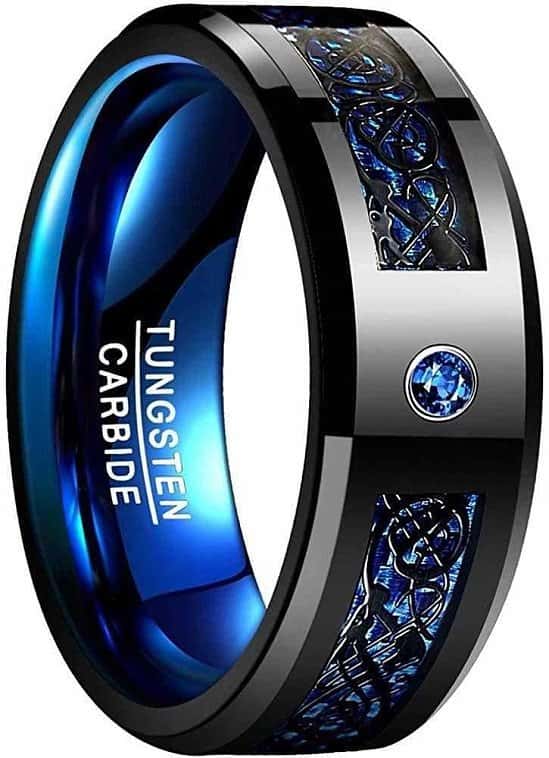 Nuncad Men's / Women's Ring Celtic Black / Blue with Carbon Fibres, Zircon / Unisex Tungsten Ring 8