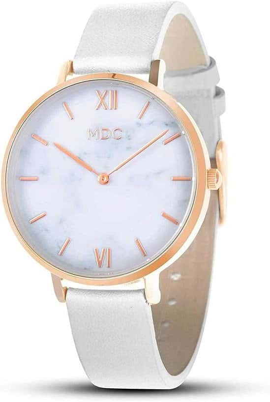 MDC Ladies Minimalist Ultra Thin Wrist Watches Black Starry Sky/White Marble Face Leather Strap