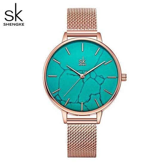 Shengke Emerald Dial Women Watch Rosegold Stainless Steel Band Watch Marble Surface Reloj Mujer New