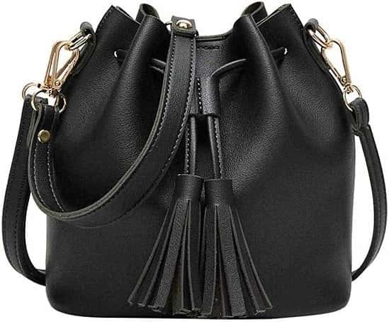 Kanpola Fashion Women Leather Handbag Crossbody Shoulder Messenger Tassels Bucket Bag Black