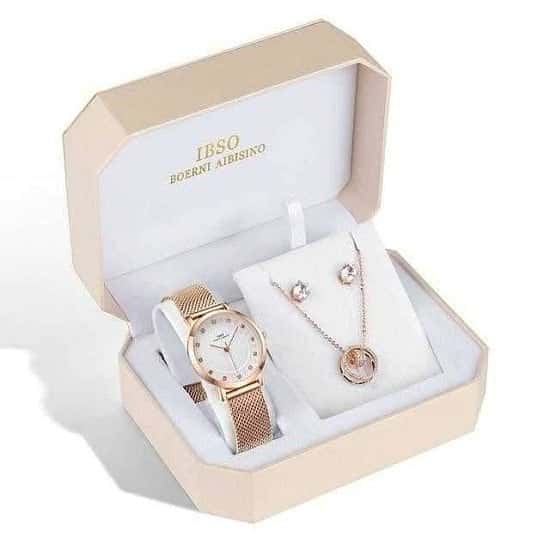 Brand Women Rose Gold Watch Earring Necklace Set Female Jewellery Set