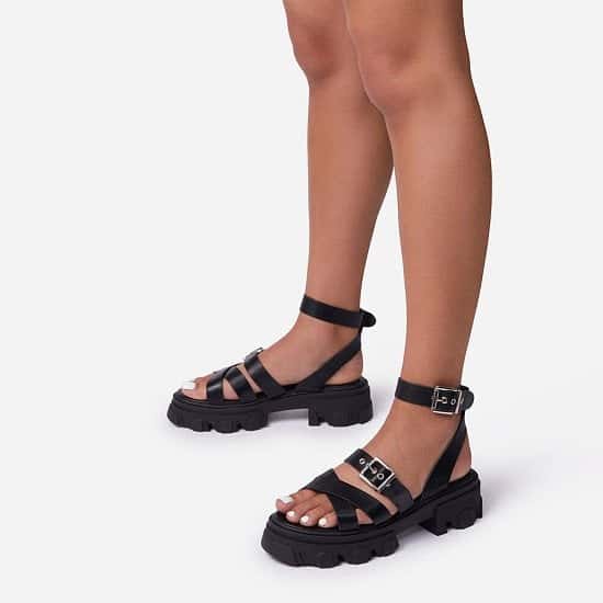 63% Off Mine Woven Buckle Detail Chunky Sole Flat Sandal In Black Faux Leather